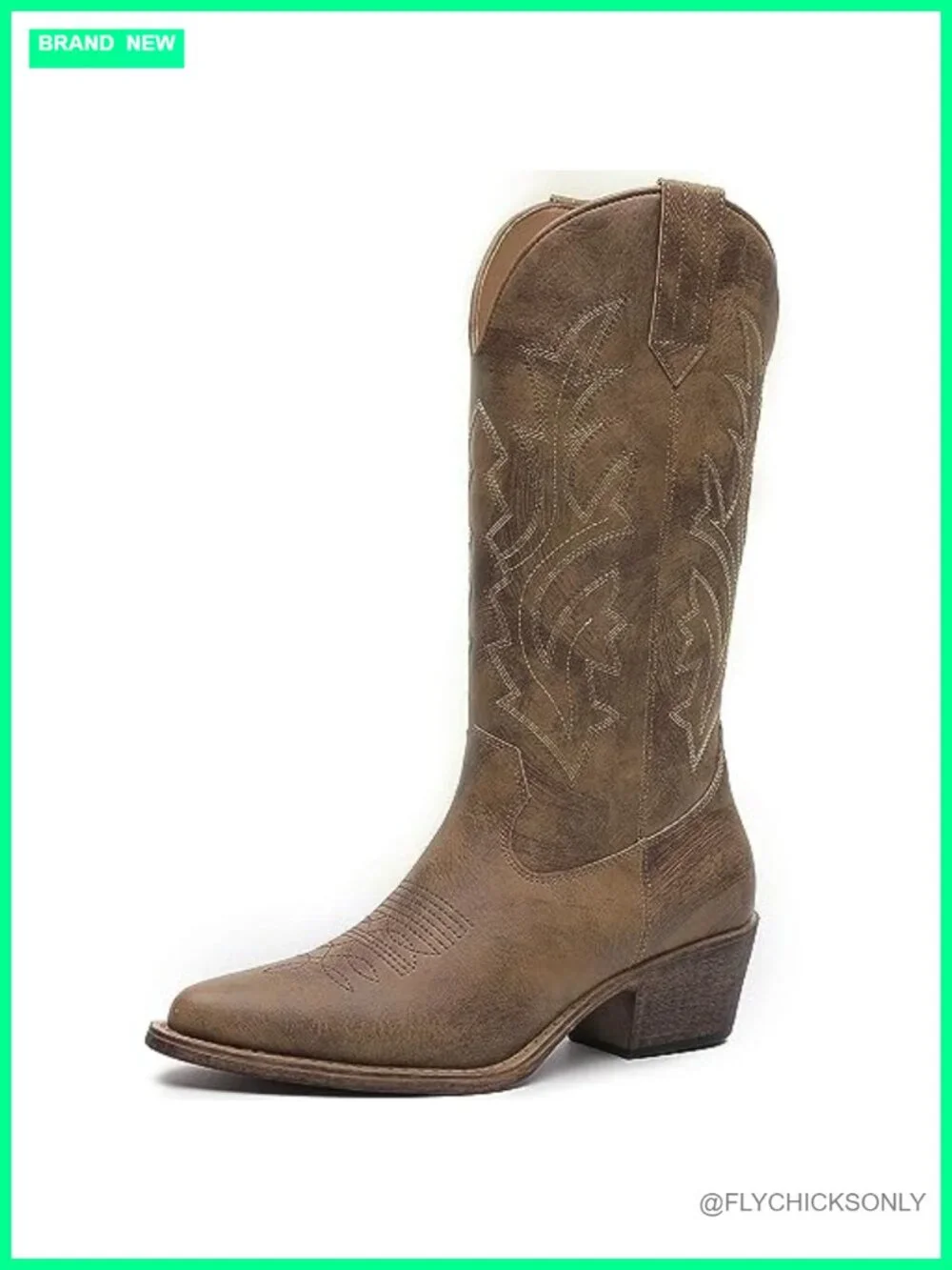 Mid Calf Cowboy Boots with Floral Embroidery Side Zipper Chunky Heel